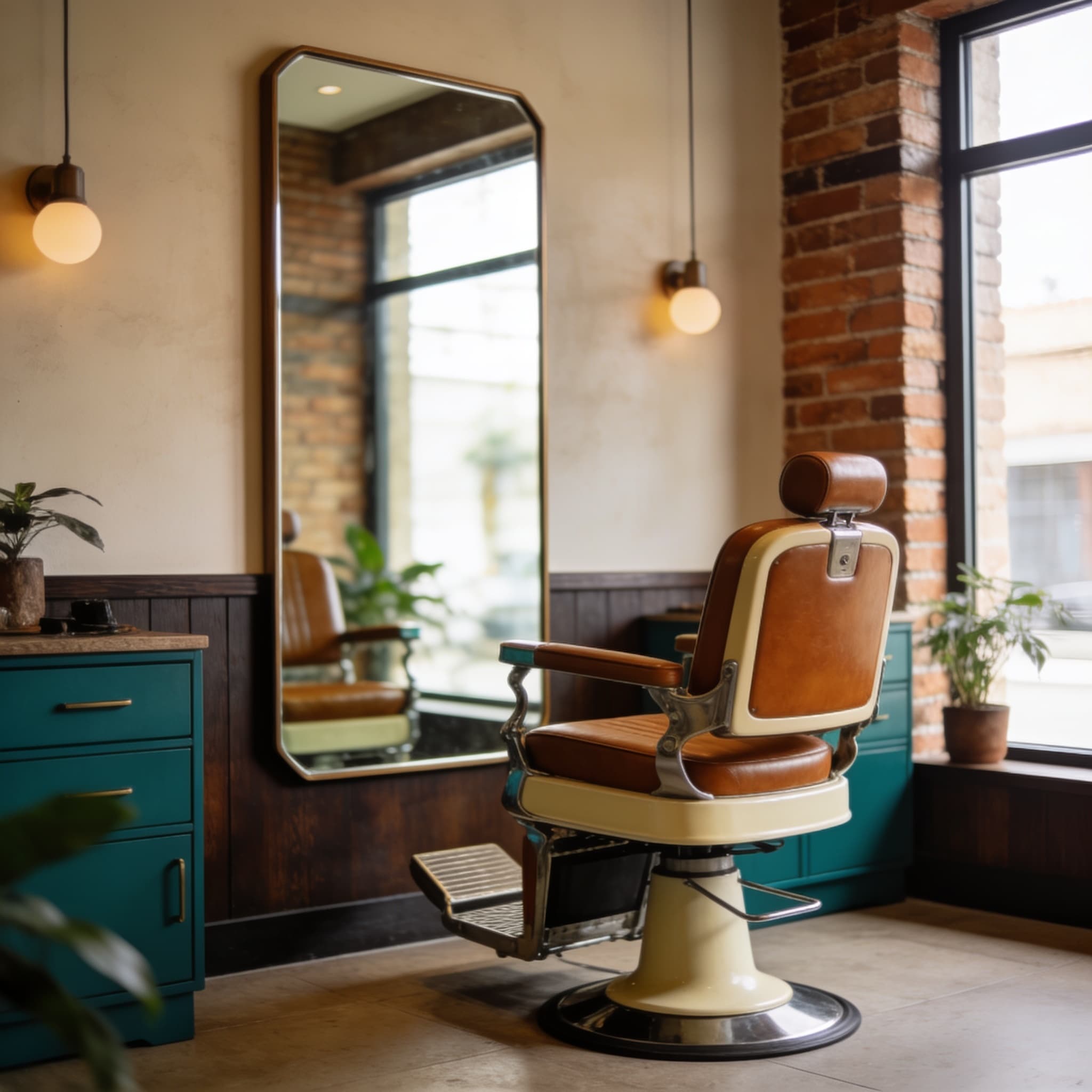 Ambiente de uma barbearia com cadeira clássica de couro e tijolinho