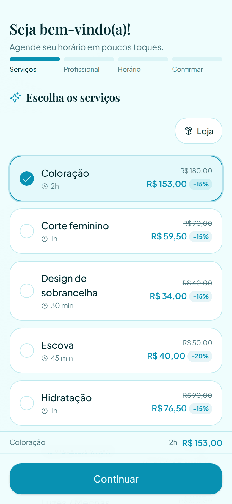 Página de agendamento onde a cliente escolhe o serviço pelo celular